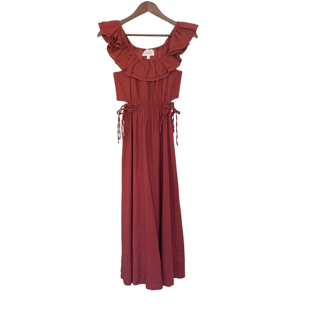 Cleobella Ruffle Cutout Maxi Dress Women M Rust Red Cotton Linen Boho Tiered